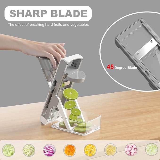 Eletronova Safe Mandoline Slicer for Kitchen, Vegetable Slicer for Kitchen，Kitchen Food Slicer, French Fry Cutter Julienne Dicer for Vegetables Grey (White & Green) (White Light Gray)