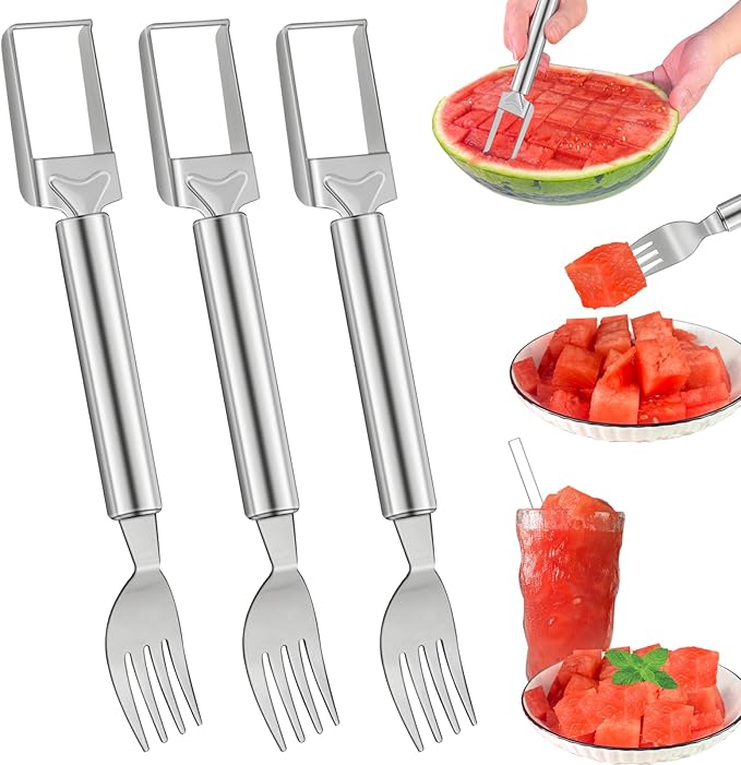2-in-1 Watermelon Slicer & Fork – 3-Pack Stainless Steel Fruit Cutter Tool for Watermelon, Mango, Pitaya – Portable for Camping, Picnics, Home, Parties – Effortless Cubes & No Mess