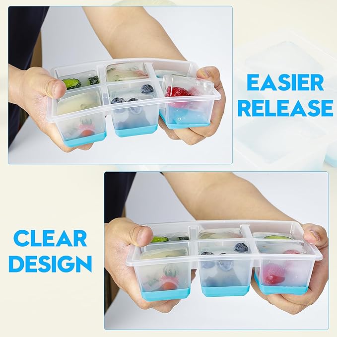 Ice Cube Trays 2 Pack, JRISBO Large Silicone Ice Cube Molds with Leak-Proof Lid, TPE Frame & Easy Release Bottom, Stackable Freezer Ice Trays for Whiskey, Cocktails, Soup, BPA Free (Blue)