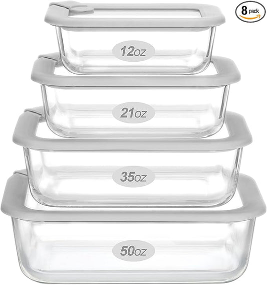 Glass Food Containers with Glass Lid, Microwave Safe Food Storage Container Set, 4 Pack, Airtight Storage Set with Leak Proof Lids, Meal Prep Containers