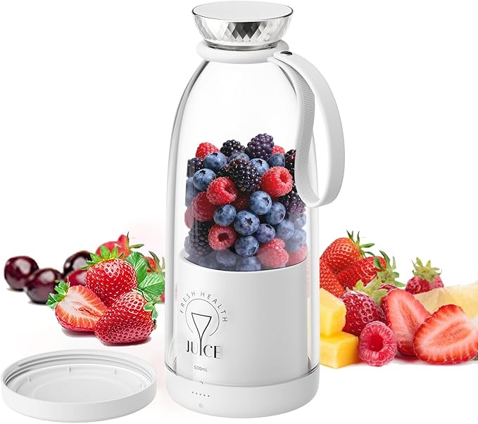 Portable Blender, Personal Smoothie Maker with 6 Blades, Rechargeable Mini Juicer Cup, 17 oz with Travel Lid for Outdoors, Camping, Office, Kitchen (White)