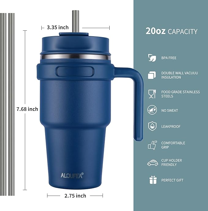 ALOUFEA 20 oz Insulated Coffee Mug Tumbler with Handle, Stainless Steel Travel Mug Tumbler with Lid and Straw,Double Wall Vacuum Leak Proof Ice Coffee Thermal Cup, Navy/Dark Rainbow
