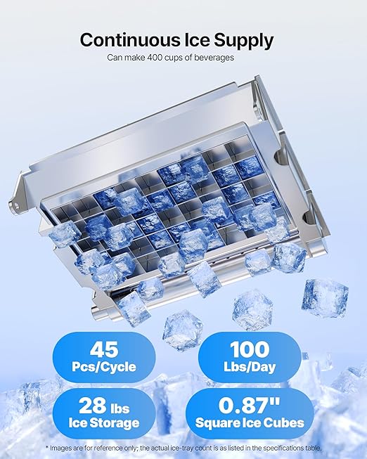 VEVOR Commercial Ice Maker Machine, 100 lbs/24h with 28Lbs Storage, 45 Cubes per Cycle, Stainless Steel Freestanding & Under Counter Ice Maker with LED Display & Self-Cleaning, for Home Bar Restaurant