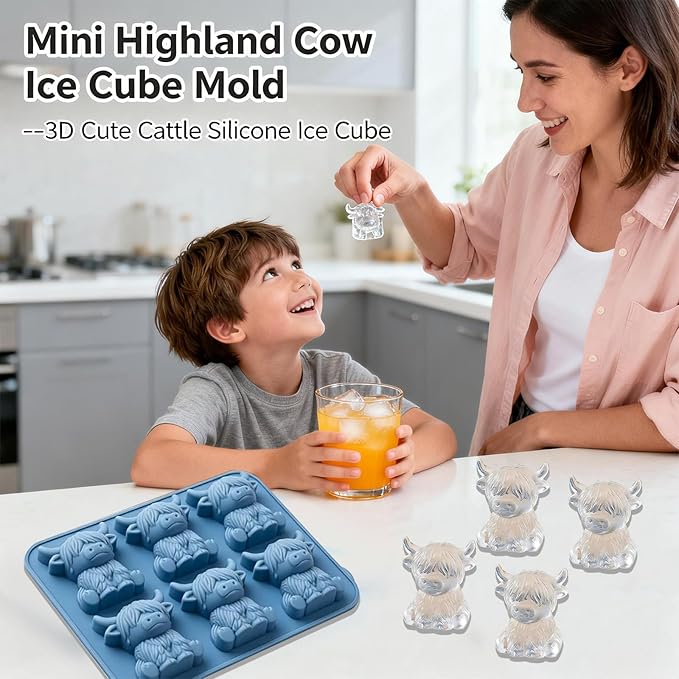 Mini Highland Cow Ice Cube Mold, Cute 3D Silicone Cow Ice Cube Tray, Reusable Cattle Shaped Ice Mold for Cow Lovers, Parties & Bar Decor (1PCS)
