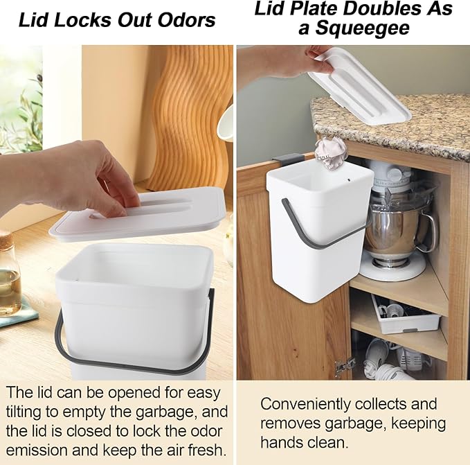 Compost Bin Kitchen, for use on Countertops or Under Sinks, Hanging Trash Can with Lid, for Cupboard/Bathroom/Bedroom/Office/Camping, Mountable Indoor Compost Bucket(White 0.8 Gallon/3L)