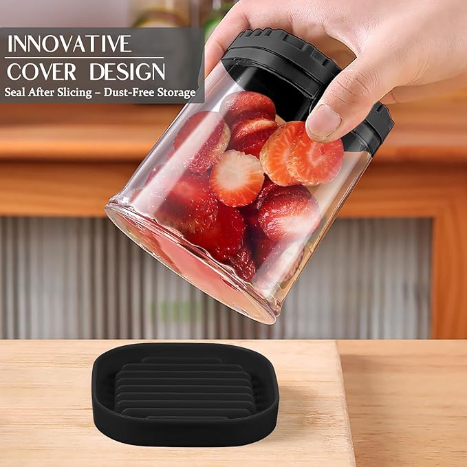 Detachable Fruit Slicer with 2 Blades, Stainless Steel Strawberry Slicer with Lid, Fruit Cutter with Push Plate for Banana Egg, Creative Cup Slicer, Must Have Vegetable Cutter Kitchen Gadget