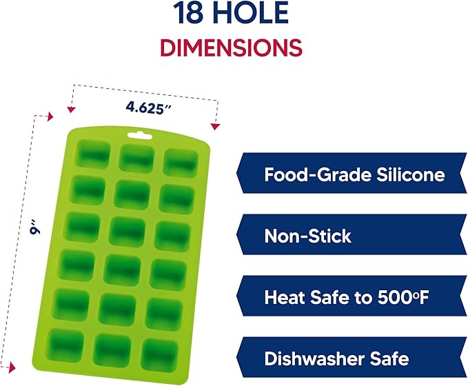 HIC Kitchen Silicone 18-Hole Ice Tray, Non-Stick, Makes 18 Square Cubes