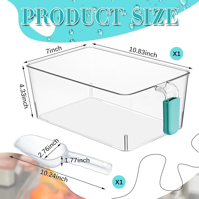 Havawish 1 Set Ice Bin and Flexible Scoop Set Plastic Freezer Ice Bin with Pull out Handle Storage Bucket Clear for Container with Bucket Scoop (10.83 x 7 x 4.33 in,Blue)