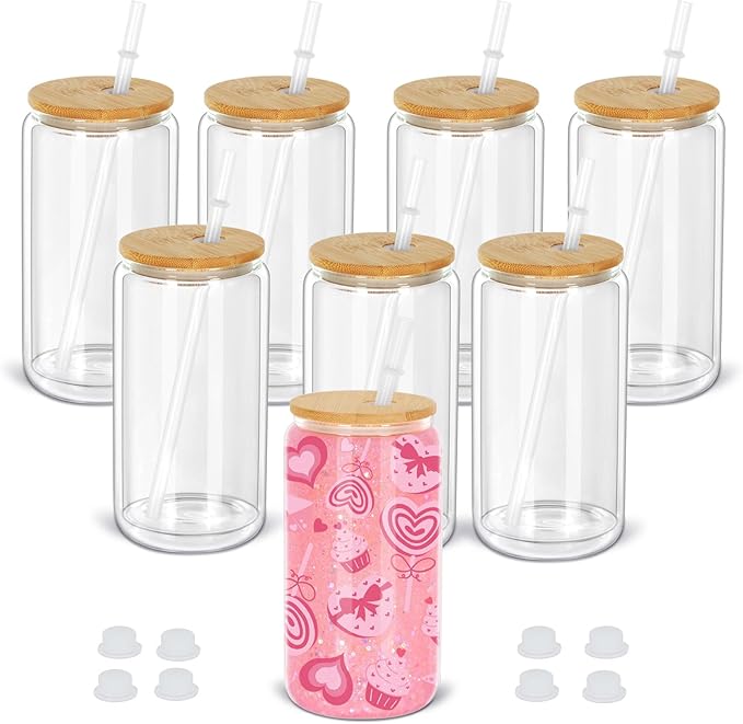 16 Oz Snow Globe Tumbler, 8 Pack Pre-Drilled Sublimation Glass Cup For Glitter Snow Globe Diy, Double Wall Sublimation Glass Tumbler