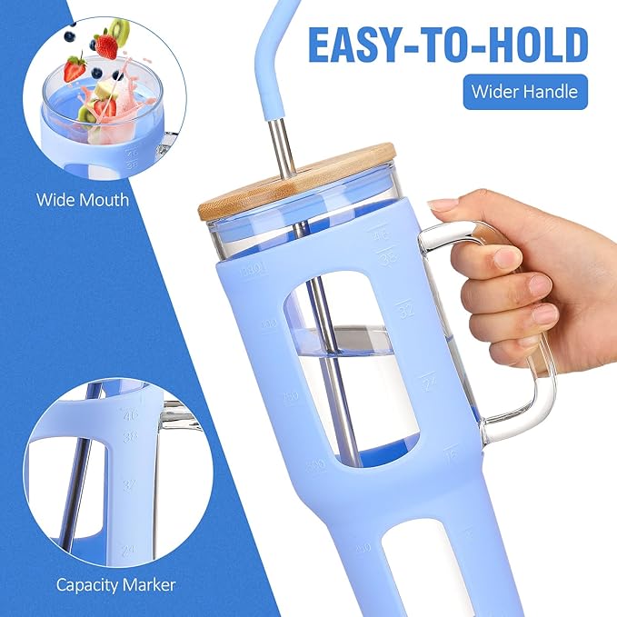 WINSA Glass Tumbler with Lid and Straw, 46 oz Iced Coffee Cup with Handle, Large Water Bottles with Silicone Sleeve, Glass Cup with Straws - Pearl Straw & Drinking Straw BPA Free-Glacier
