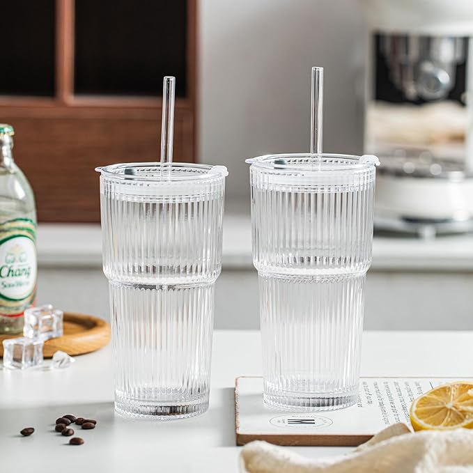 INSETLAN 20 oz Ribbed Glass Tumblers with Lids and Glass Straws – 2-Piece Glassware Set, Heavy-Duty Tumblers, Ideal for Iced Coffee, Smoothies, Cocktails, and Juices – Elegant and Durable Drinkware
