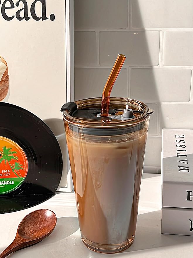 Olvini 15oz Glass Tumbler with Straw and Lid, Cute Iced Coffee Cups, Aesthetic Glass Cups, Coffee Tumbler, Water Cup, Matcha Cup, Drinking Glasses (Amber)