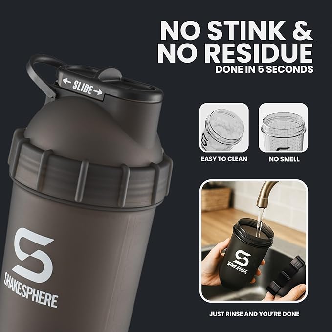 SHAKESPHERE Shaker Bottle - 24oz Leak-Proof Protein Shaker Bottle for Pre Workout, Smoothie, and Powder Drink Mixes, No-Blade Mixer for Gym, BPA-Free, Easy Clean & Easy to Carry (Frosted White)