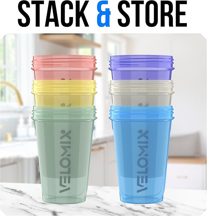 VELOMIX -6 PACK- 20 oz Protein Shaker Bottle for Protein Mixes - 6x Wire Whisk | Leak Proof Shaker Cups for Protein Shakes | Stackable Protein Shaker Bottle Pack | Dishwasher Safe (Pastel Shades)