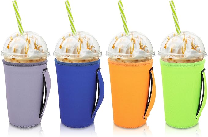 4Pack Reusable Iced Coffee Sleeve Insulator Sleeves for Cold Drinks Beverages, Neoprene Cup Holder for Most Coffee, Fits 22-24oz Medium Cups (Classic Color with Handle)