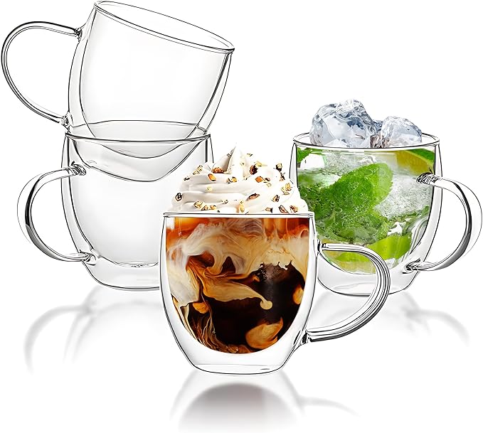YMMIND Set of 4 Double Walled Glass Coffee Mugs 8 Ounces Insulated Layer Coffee Cups with Handle Borosilicate Glass Espresso Cup for Hot Beverage,Cappuccino,Tea,Latte,Wine,Microwave Safe