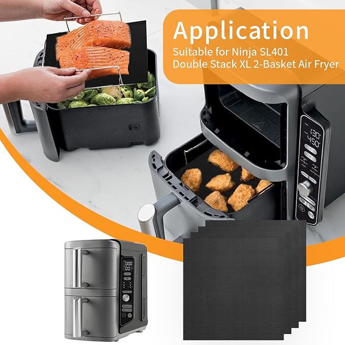 4-Pack Glass Fiber Air Fryer Liners Set for Ninja DoubleStack SL401, 8.07"x6.89" Reusable Basket Pads Heat-Resistant No-Scratch Air Fryer Liners Accessories