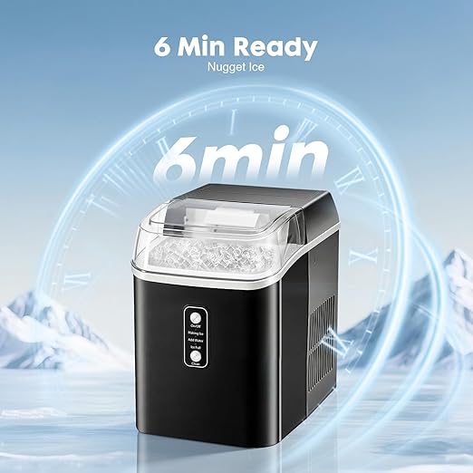 OLIXIS Nugget Ice Maker Countertop, Portable Ice Machine with 1.7L Water Tank, 26LBS/24H Fast Production, Auto-Cleaning & Quiet Operation, with Basket & Scoop, for Home Party Camping RV, Black