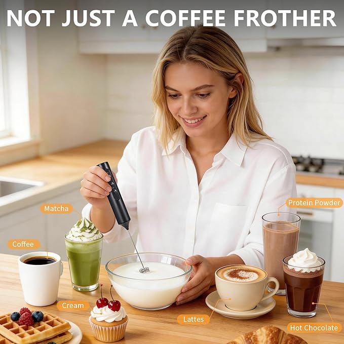 Rechargeable Handheld Milk Frother with Stand, 3 Speeds 3 Detachable Stainless Steel Whisks Electric Drink Mixer, Coffee Mixer for Lattes Cappuccino Matcha Eggs, Kitchen Gifts
