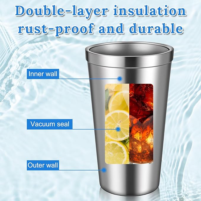 JJUNW 6 Pack Stainless Steel Cup 16 oz, Stackable Double Wall Vacuum Insulated Metal Drinking Glasses Reusable for Bbq Home Office Party Coffee