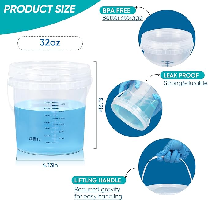 ASEVAT Clear Bucket Graduated Pail Container with Lid, Food Grade Buckets, Cleaning Containers Plastic Pails Extra Durable Handles with Grip for Easy Carrying (ClearRound, 0.3gal)