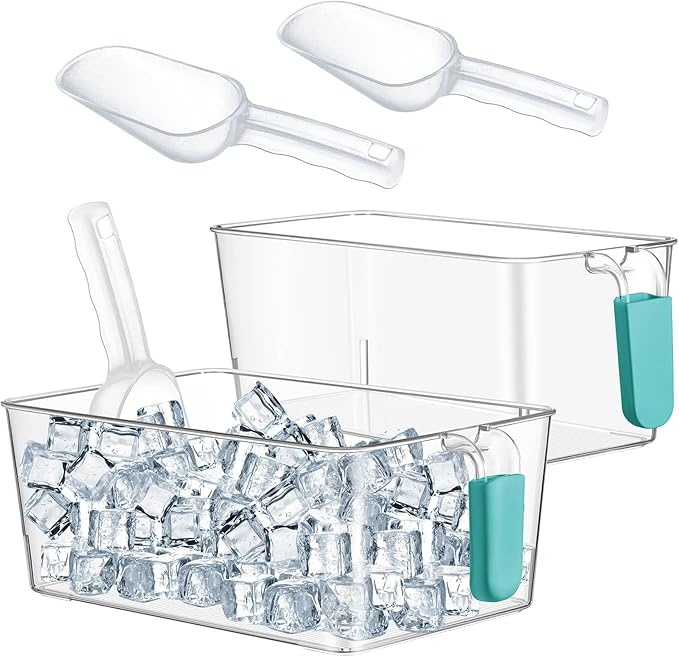 Havawish Ice Storage Bin and Flexible Scoop Set Plastic Freezer Bin with Pull Out Handle Storage Bucket Clear for Container with Scoop(Blue,10.83 x 7 x 4.33 in,10.83 x 4.92 x 4.33 in,Classic)