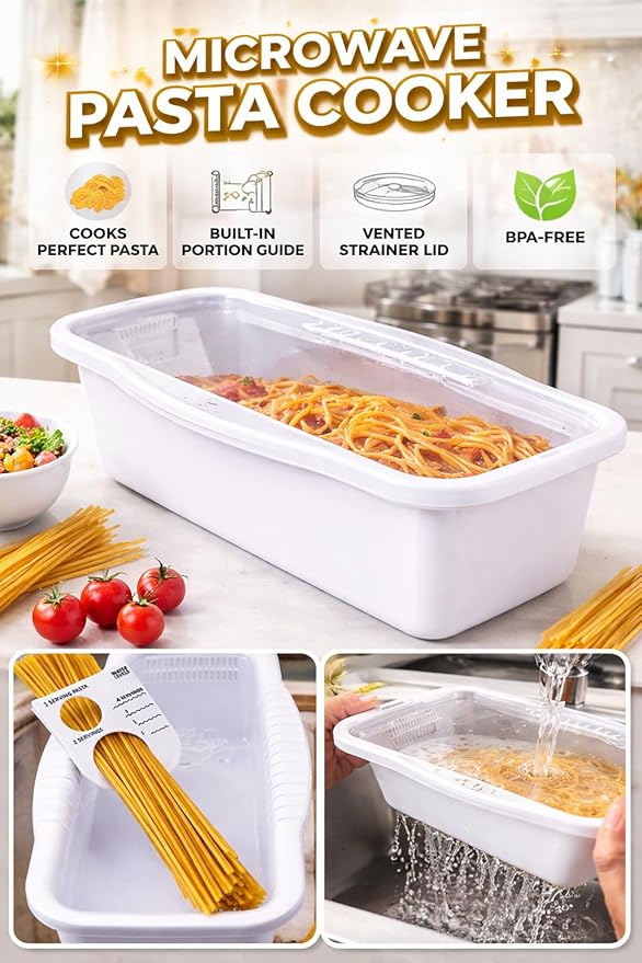 Microwave Pasta Cooker with Built-In Portion Tool, BPA-Free Microwave Pasta Maker for Spaghetti, Ramen & Vegetables, Dishwasher Safe