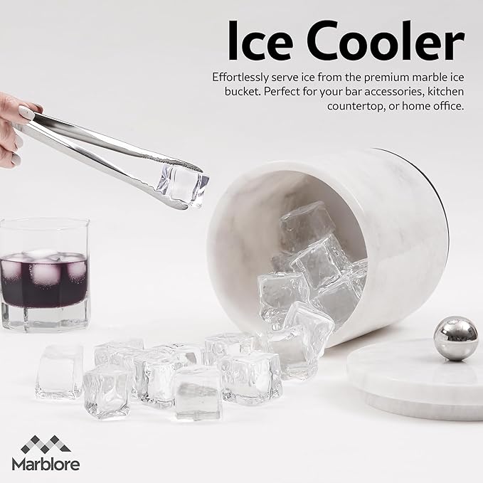 Ice Bucket Marble with Lid 6 Inch White Stone Ice Bucket for Parties, Wine & Champagne Chiller, Small Ice Bucket for Home Bar, Drink Cooler, Freezer Ice Bin & Hosting Party Essentials