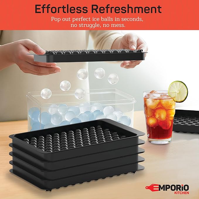 Emporio Kitchen Round Ice Cube Tray Set Pack of 4, BPA-Free Stackable Trays with Lid & Tongs, 104 Ice Balls Per Tray for Whiskey, Drinks, and Cocktails, Quick Release Round Ice Cube Mold, Black