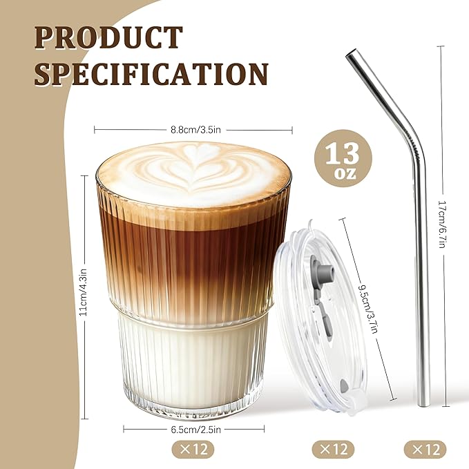 12 Packs Ribbed Glass Tumbler with Lid and Straw 13 oz Cute Ice Coffee Cup Set Bulk Vasos de Vidrio Con Tazas Para Cafe Cocina Accesorios Home Bar Accessories New Home House Warming Gift Kitchen Stuff