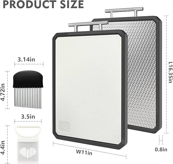 Stainless Steel Double-Sided Cutting Board – Large Non-Toxic Chopping Board with Mesh Design, Wheat Straw Side, Food-Grade 304, Non-Slip, Juice Groove, Onion Holder, Crinkle Cutter