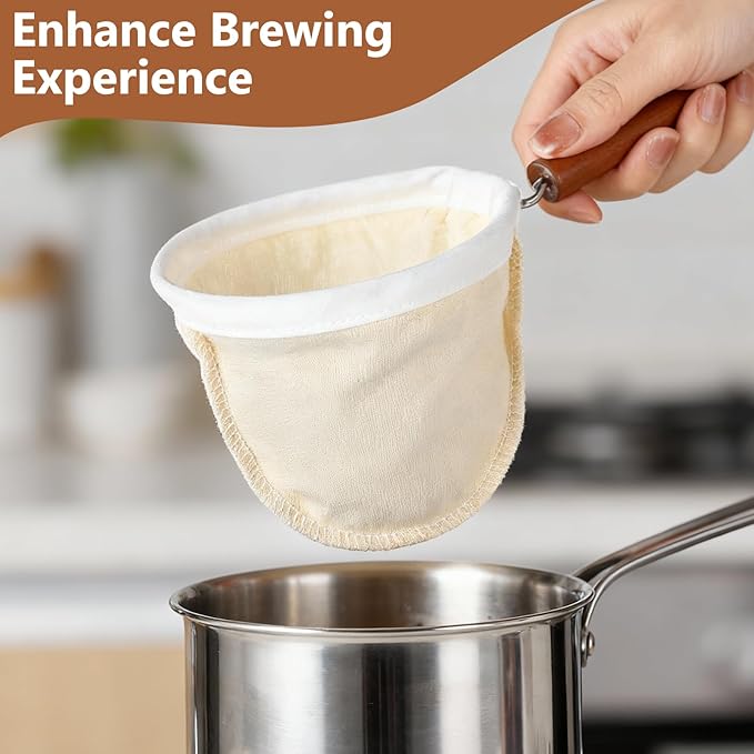 Flannel Cloth Coffee Filter with Wooden Handle, Reusable Handmade Coffee Filter, Washable Coffees Sock Strainer for Coffees Lover Home Café Use