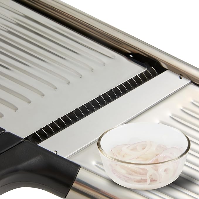 Restaurantware Stainless Steel Adjustable Mandoline Slicer - German Standard Vegetable Slicer with Blade Guard, Cut-Resistant Gloves, Cleaning Brush - Food Slicer for Potato, Onions, Cucumbers, Tomato