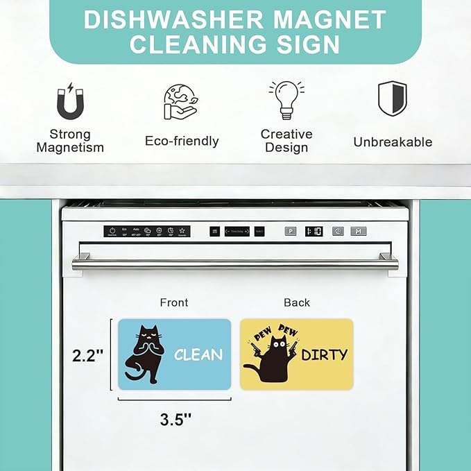 Funny Black Cat Clean Dirty Dishwasher Magnet - Cute Refrigerator Kitchen Magnet, Non-Scratch Strong Double Sided Washing Machine Sign, Housewarming Gifts for Cat Lovers, Home Apartment Essentials (Blue&Yellow)