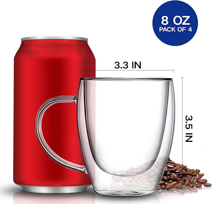 YMMIND Set of 4 Double Walled Glass Coffee Mugs 8 Ounces Insulated Layer Coffee Cups with Handle Borosilicate Glass Espresso Cup for Hot Beverage,Cappuccino,Tea,Latte,Wine,Microwave Safe