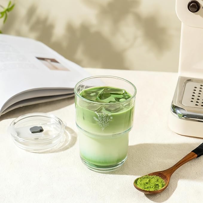 Olvini 13oz Glass Tumbler with Straw and Lid, Reusable Iced Coffee Cup Tumbler, Cute Glass Cups for Water, Matcha, Travel Coffee Mugs (Wildflower- 13oz)