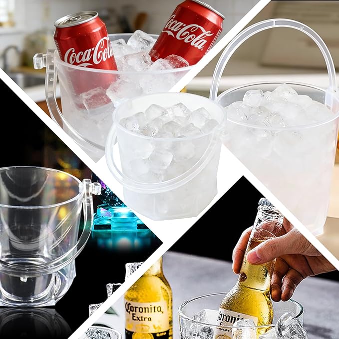 Crystal Ice Bucket with Handle & Tongs-1.1 L Plastic Clear Champagne Ice Buckets for Parties, Beer, Wine, Drinks, Cocktails,-Soda, Mimosa Bar Supplies (Style-C, 37 oz (1.1 L))