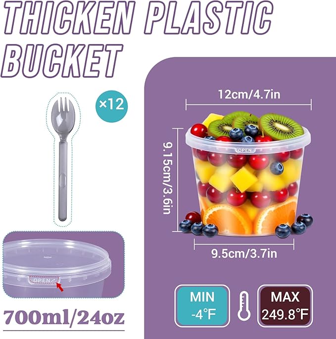 ASEVAT 24 oz 12 Pack Plastic Drink Buckets with Lids, Clear Plastic Cup with Lid, Ice Buckets for Parties, Reusable Food Grade Containers with Lids, Deli Container for Sauce, Soup