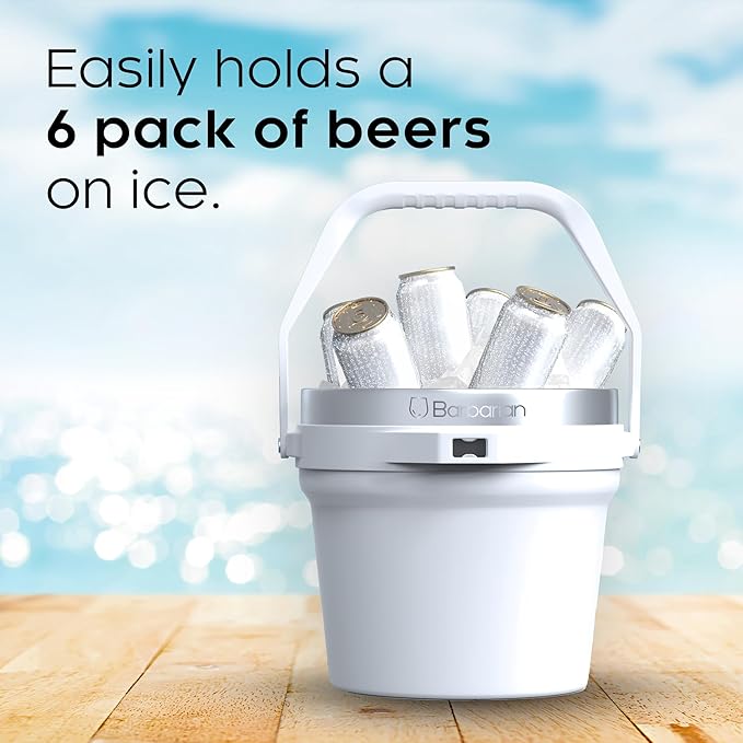 Barbarian Beverage Bucket, Double-Wall Vacuum Insulated Ice Bucket with Lid, Extra Large 7 Litre Capacity with Ice Scoop and Built-In Bottle Opener, White