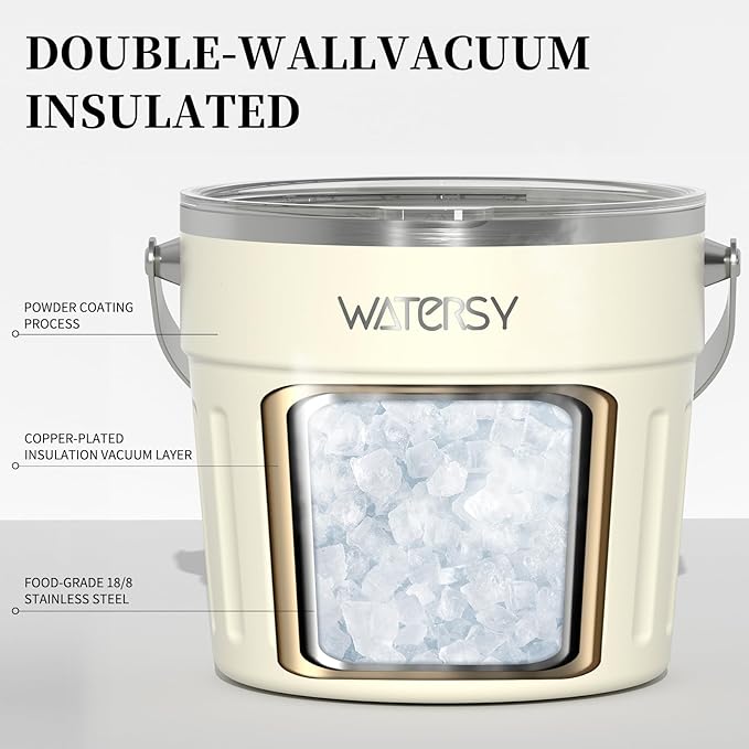 WATERSY Insulated Ice Bucket（8 Quart / 7.6 L） with Lid, Scoop, Ice Tong，Wall Vacuum Stainless Steel, Beige