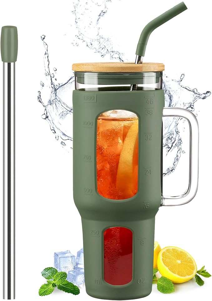 WINSA Glass Tumbler with Lid and Straw, 46 oz Iced Coffee Cup with Handle, Large Water Bottles with Silicone Sleeve, Glass Cup with Straws - Pearl Straw & Drinking Straw BPA Free-Olive