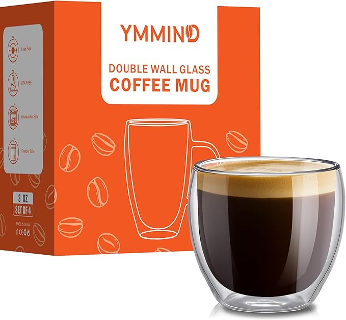 YMMIND Set of 4 Double Walled Glass Coffee Mugs 3 Ounces Insulated Layer Coffee Cups Borosilicate Glass Espresso Cup for Hot Beverage,Cappuccino,Tea,Latte,Wine,Microwave Safe