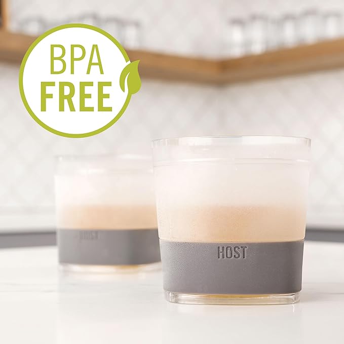 Host Whiskey Freeze Glasses, Double Old Fashioned Glasses, Chill Without Dilution for Brandy, Vodka, Gin, Rum, and Cold Brew Cocktails, Bourbon Gifts for Men, Home Bar, 9 oz, Set of 2, Grey