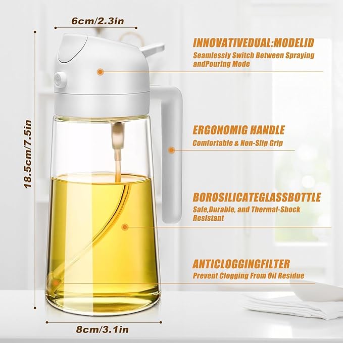 16oz/470ml Glass Olive Oil Sprayer for Cooking - 2 in 1 Olive Oil Dispenser for Kitchen Gadgets, Air Fryer, Salad, and BBQ (beige)