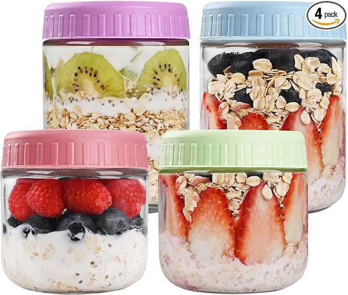 SHOWIN Overnight Oats Containers with Lids, Glass Jars with Lids 4 pcs, Candy, Wide Mouth Mason jars for Salad, Yogurt, Snacks, Meal Prep