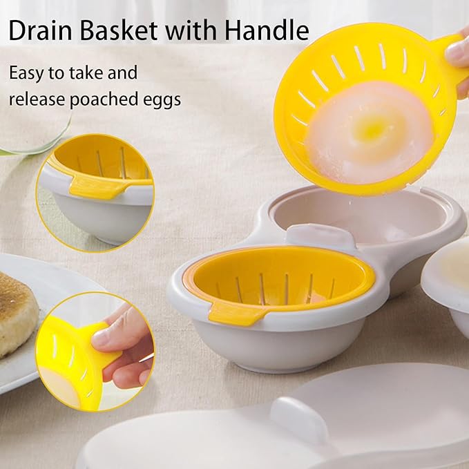 2 Cavity Microwave Egg Poacher, Microwavable Poached Egg Cooker with Lid & Handle Double Layer Microwave Egg Poacher Boiled Eggs Maker Poached Egg Cup for Breakfast with Oil Brush, Yellow
