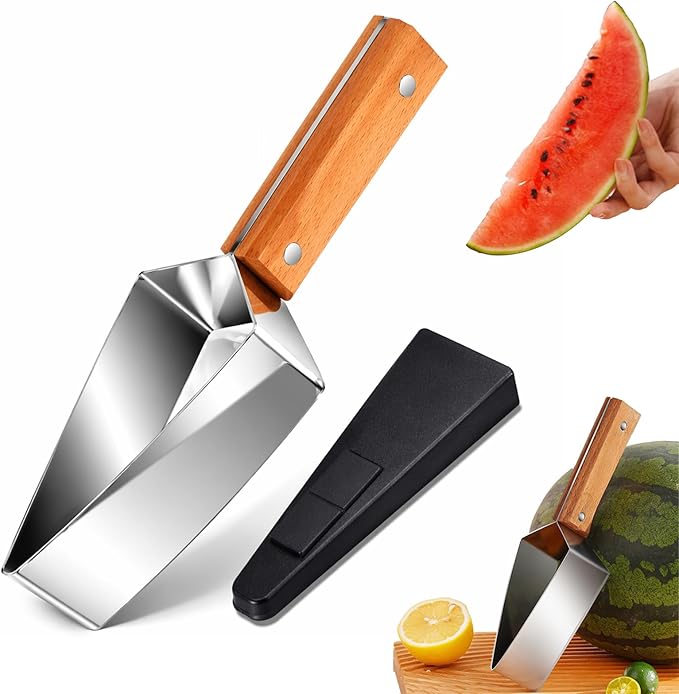 Triangle Watermelon Cutter, Watermelon Slicer Cutter Tool, 430 Stainless Steel Watermelon Cutter with Wooden Handle and Blade Cover for Watermelon Melon Apple (1 Pcs)