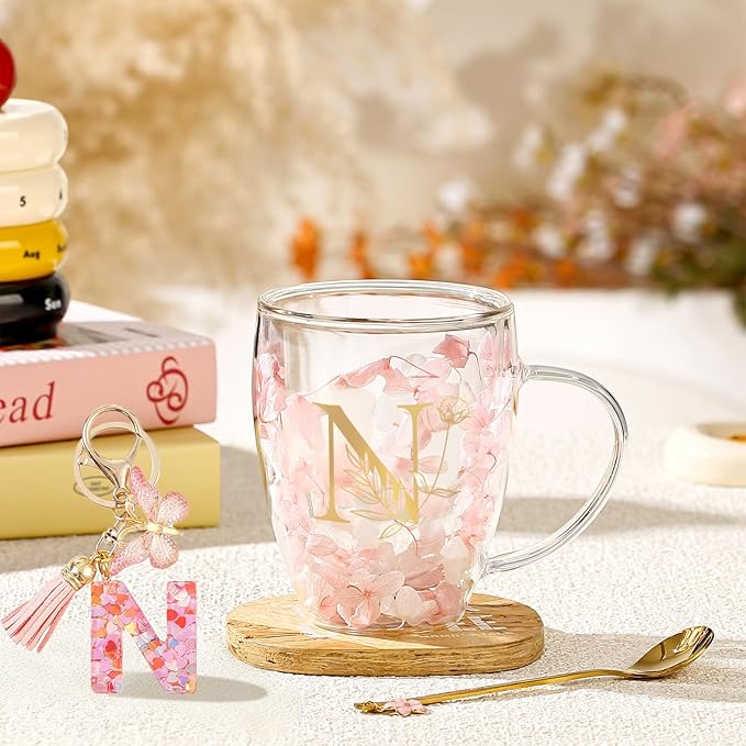 Personalized Gifts for Women Flower Glass Coffee Mug Initial Tea Cup Monogrammed Customized Bridesmaid Bride Wedding Gifts Graduation Gifts Valentine Mother's Day Birthday Christmas Gift (N)