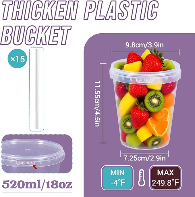 ASEVAT 18 oz 15 Pack Plastic Drink Buckets with Lids and Straws, Clear Plastic Cup with Lid, Ice Buckets for Parties, Reusable Food Grade Containers with Lids, Deli Container for Sauce, Soup