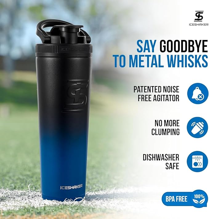 Ice Shaker Insulated Stainless Steel Shaker Bottle | 32oz, Navy/Black | Cold for 30+ Hours | Insulated Cup with Twist-on Agitator | Odor-Free Bottle for Protein Shakes, Water, Smoothies, Cocktails